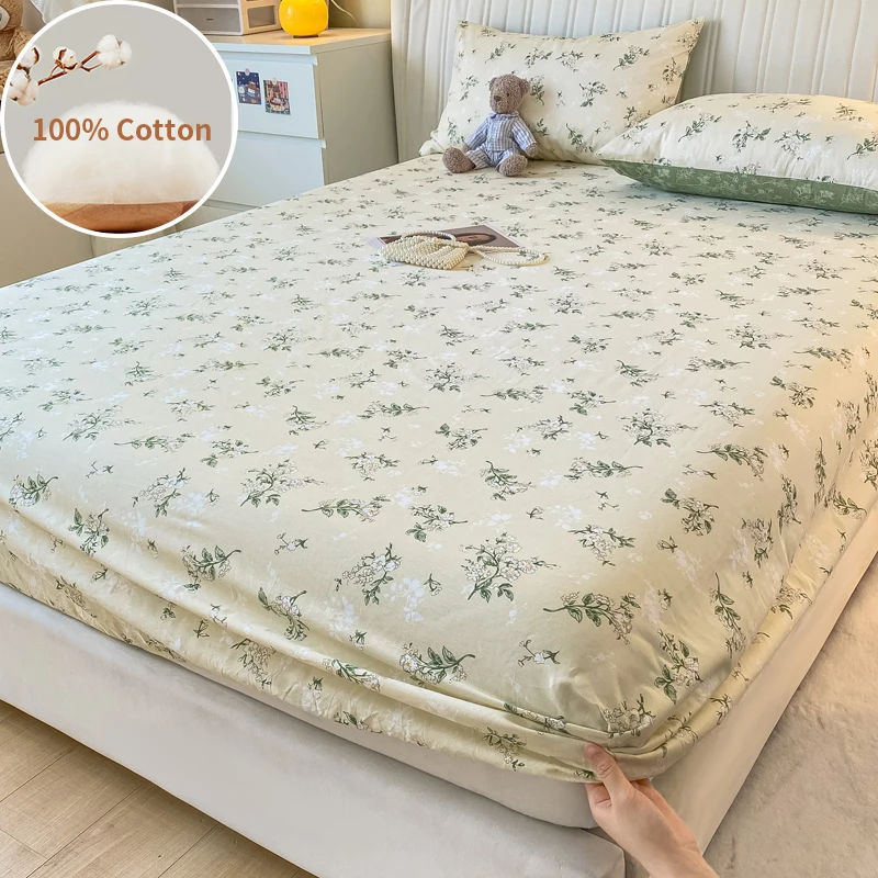 Small Fresh Floral Pattern,100% Cotton,Fitted Sheet With Deep Pocket 160x200,No Pillowcase,Soft Breathable,133x72 Fabric