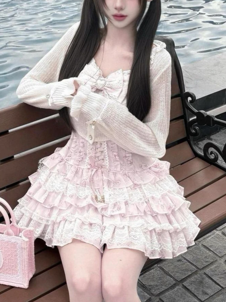 Japanese Sweet Kawaii 2 Piece Set Women Long Sleeve Knit Cardigan + Pink Lace Floral Tiered Dress Casual Lolita Chic Outfits image 3