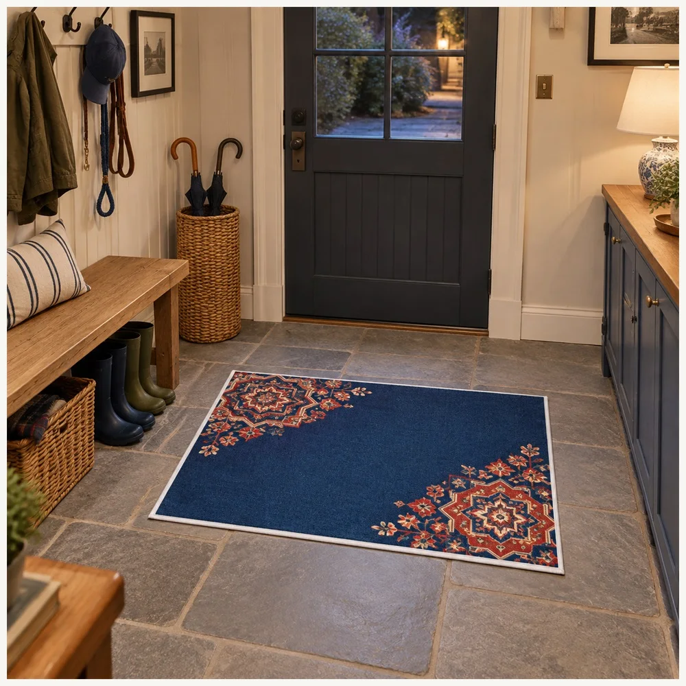 VIKAMA Vintage Boho Navy Brick Persian Medallion Flannel Door Mat, Anti-Slip Absorbent Door Mat, Home Decor for Home, Entryway