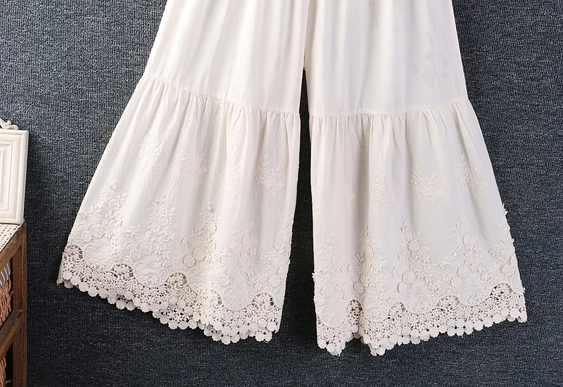 Spring Summer Sweet Mori Girl Hollow Out Embroidered Wide Leg Pants Women Korean Style Elastic Waist Solid Color Cotton Pants