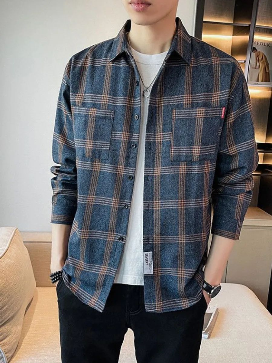 

Мужская рубашка в клетку в стиле ретро с длинным рукавом, свободного кроя, в корейском стиле, модная, в университетском стиле, для прогулок, весенняя, базовая модель