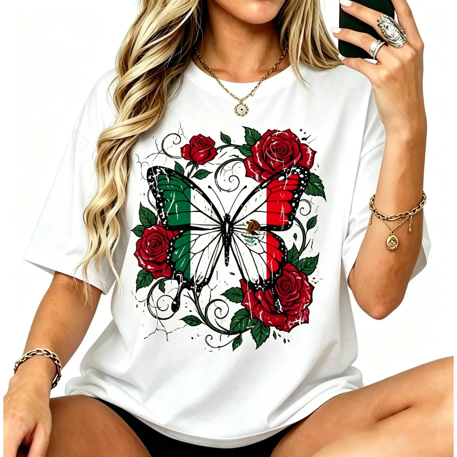 Women Vintage Mexico Cotton T-shirt with Mexican Flag Butterflies Casual Short Sleeve Tee