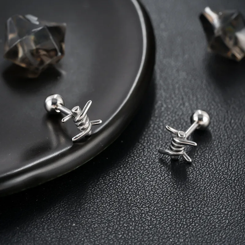 Barbed Wire Screw Back Stainless Steel Stud Earrings Punk Industrial Hypoallergenic Mens Street Piercing Accessories