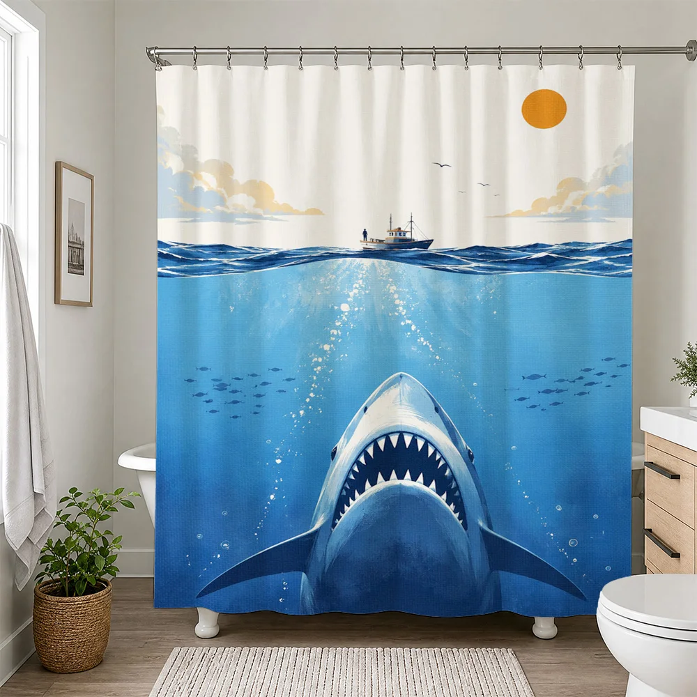 Under the Sea Shark Attack Ocean Life Bathroom Shower Curtain Tropical Marine Animal Print