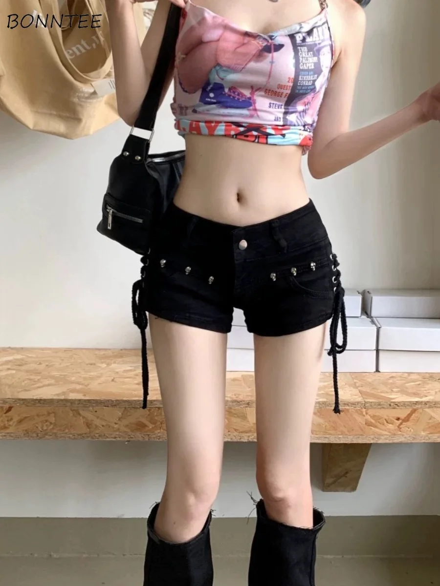

Black Denim Shorts for Women Skinny Sweet Sexy Bandage Design Shorts Y2K Low Waist Vintage American Retro Versatile Ins Daily