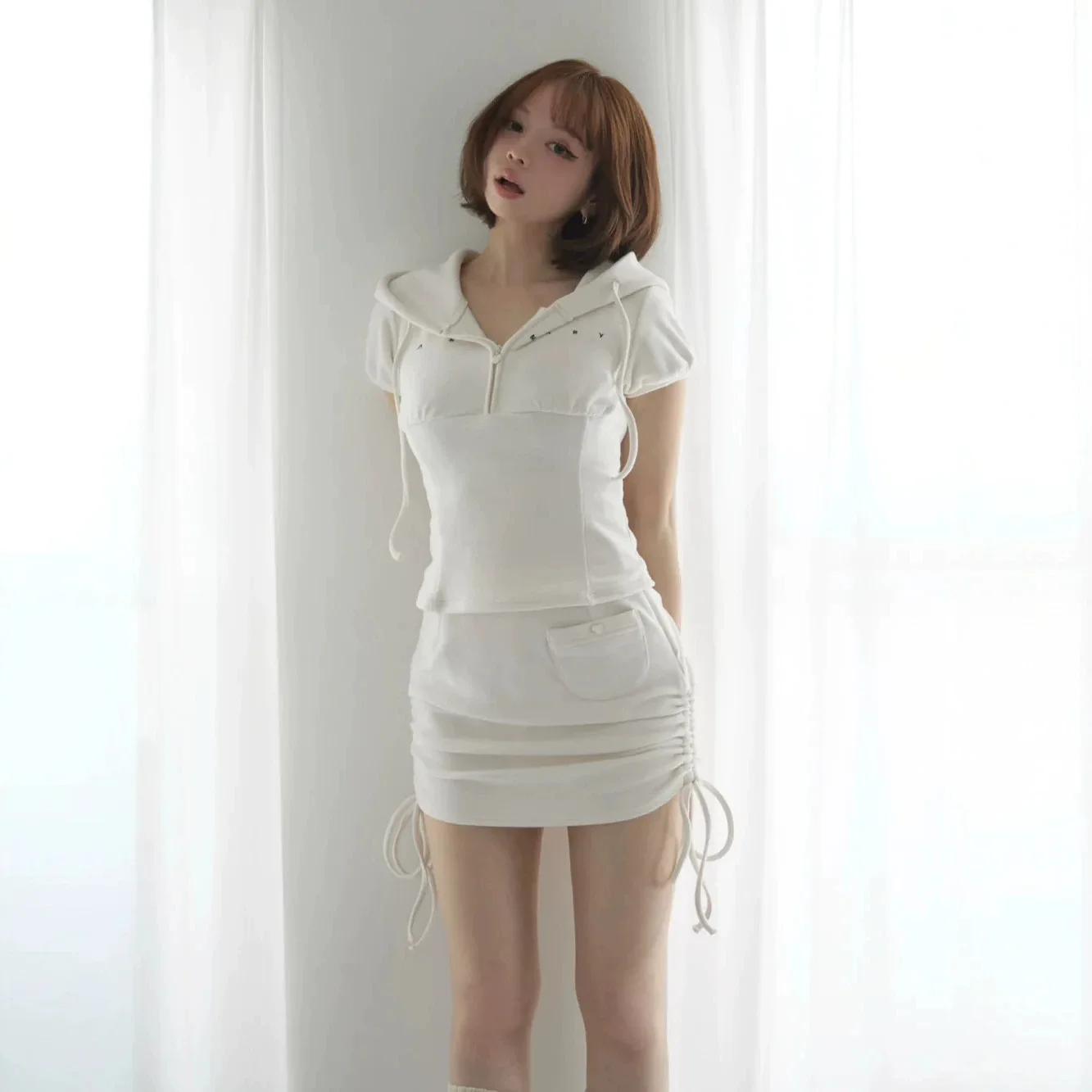 Women Hooded Two-piece Suit  Half-zipper Short-sleeved Top Drawstring Wrinkled Mini-skirt Suit Y2K Casual Summer Daily Date Wear