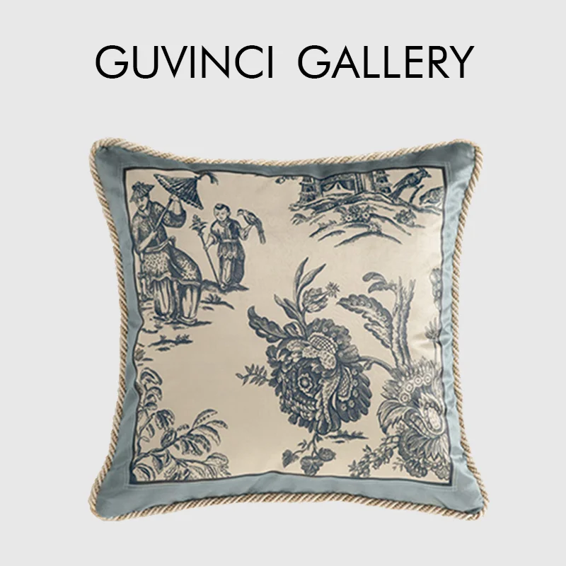 GUVINCI galeria Toile De Jouy Delft niebieski poszewki na poduszki Vintage Oriental Art rzuć poszewka na poduszkę 43x43cm francuski dekoracja do domu