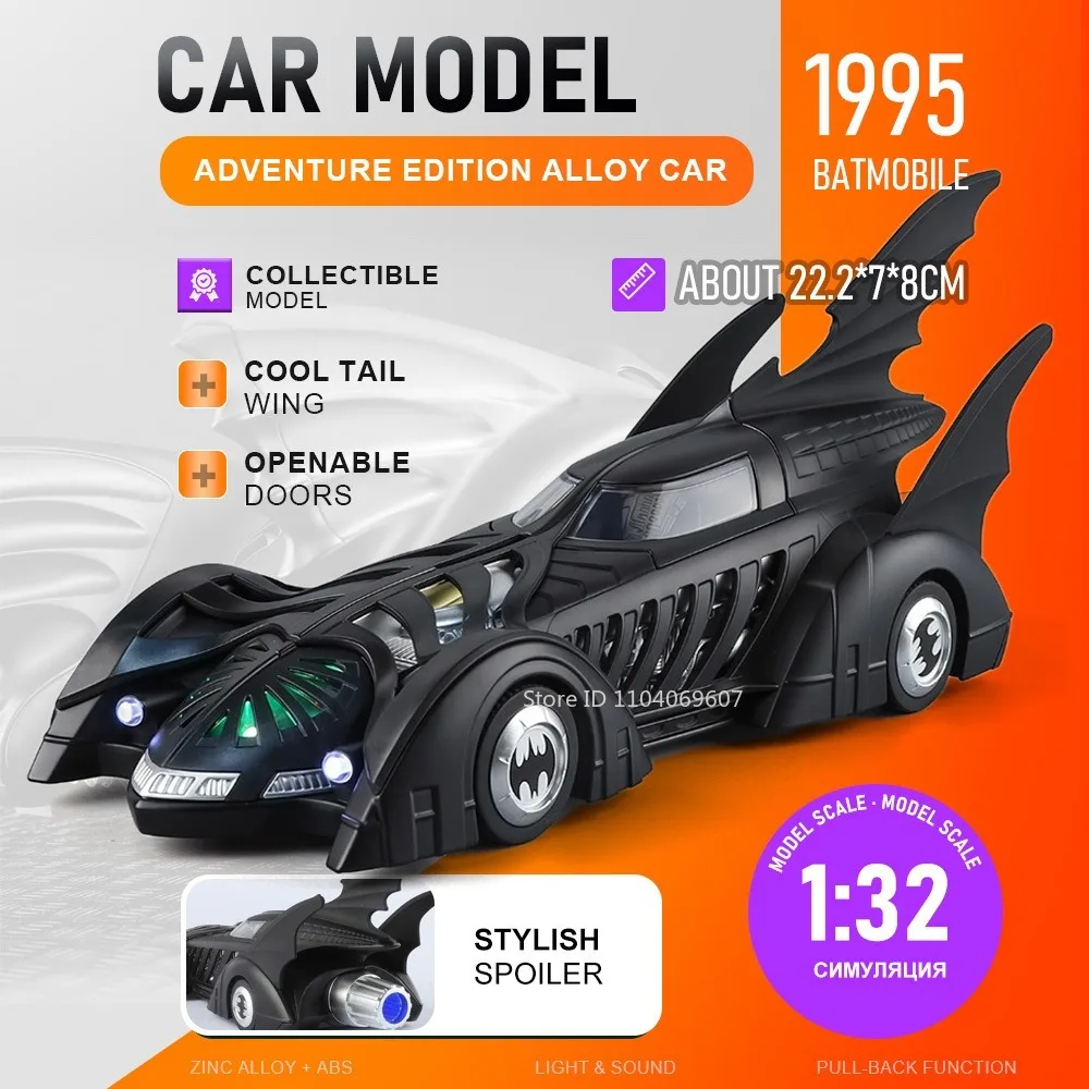 

Модель Бэтмобиля 1:32, миниатюрная игрушечная машинка, металлическая литая модель со звуком и светом, амортизацией, откатным механизмом, открывающимися дверями, коллекционная модель автомобиля