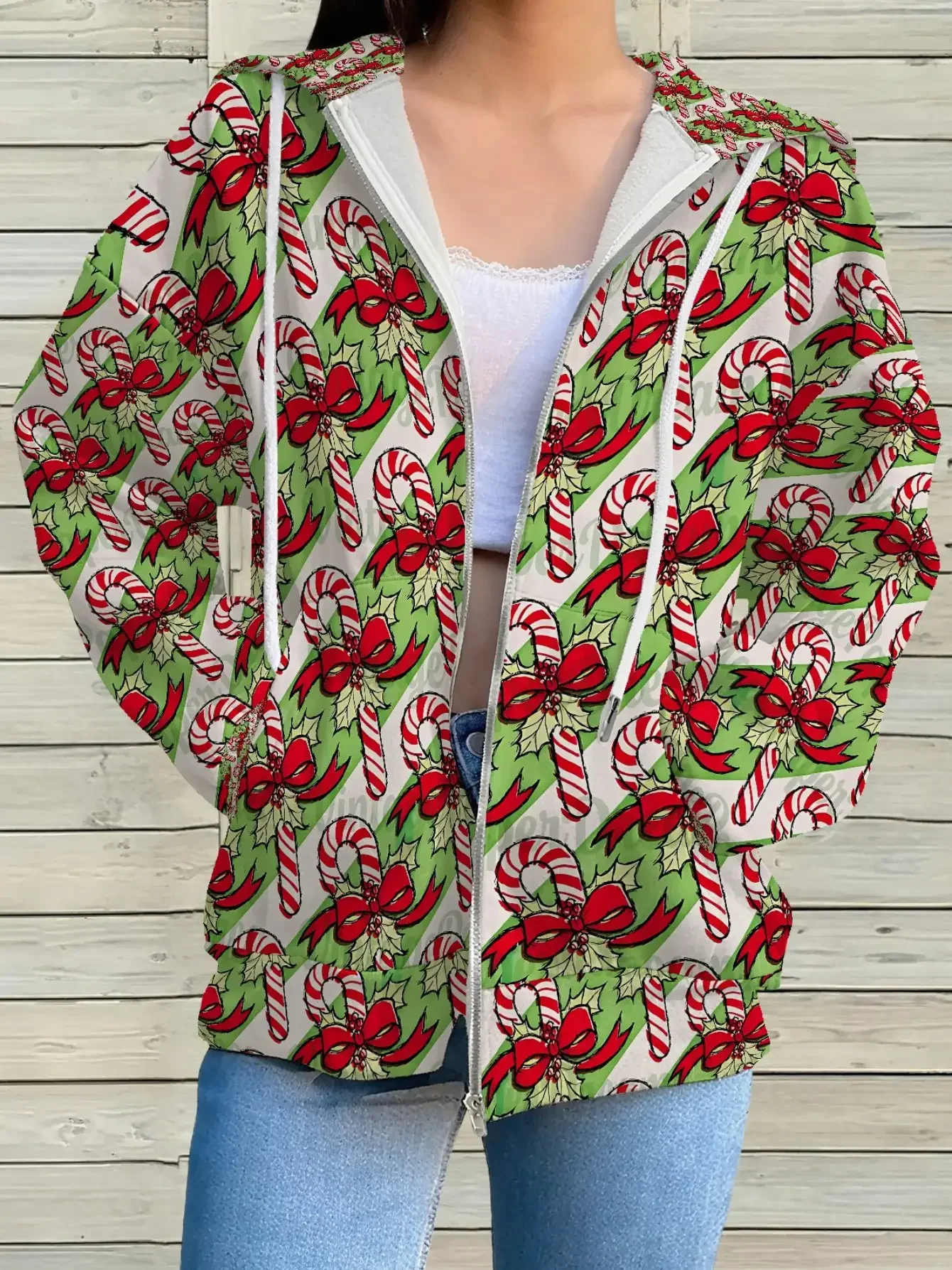 

Women's 3D Print Zippered Hooded Jacket - Retro H-Line Full-Zip Sweatshirt with Pockets, The Christmas gift is sugar hoodies