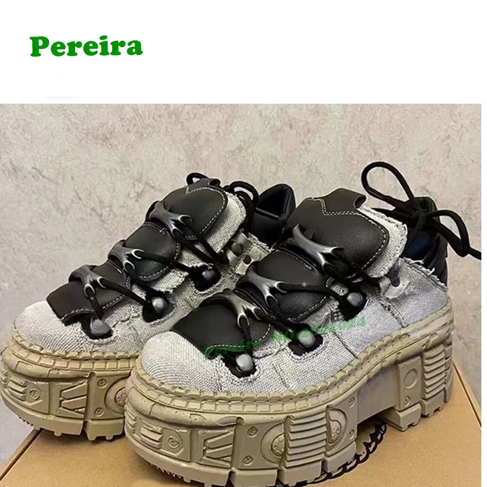 

Ботильоны на металлической подошве в стиле ретро, женские ботинки на платформе в стиле панк, зима 2025, новая готическая лоскутная обувь на шнуровке, повседневная обувь