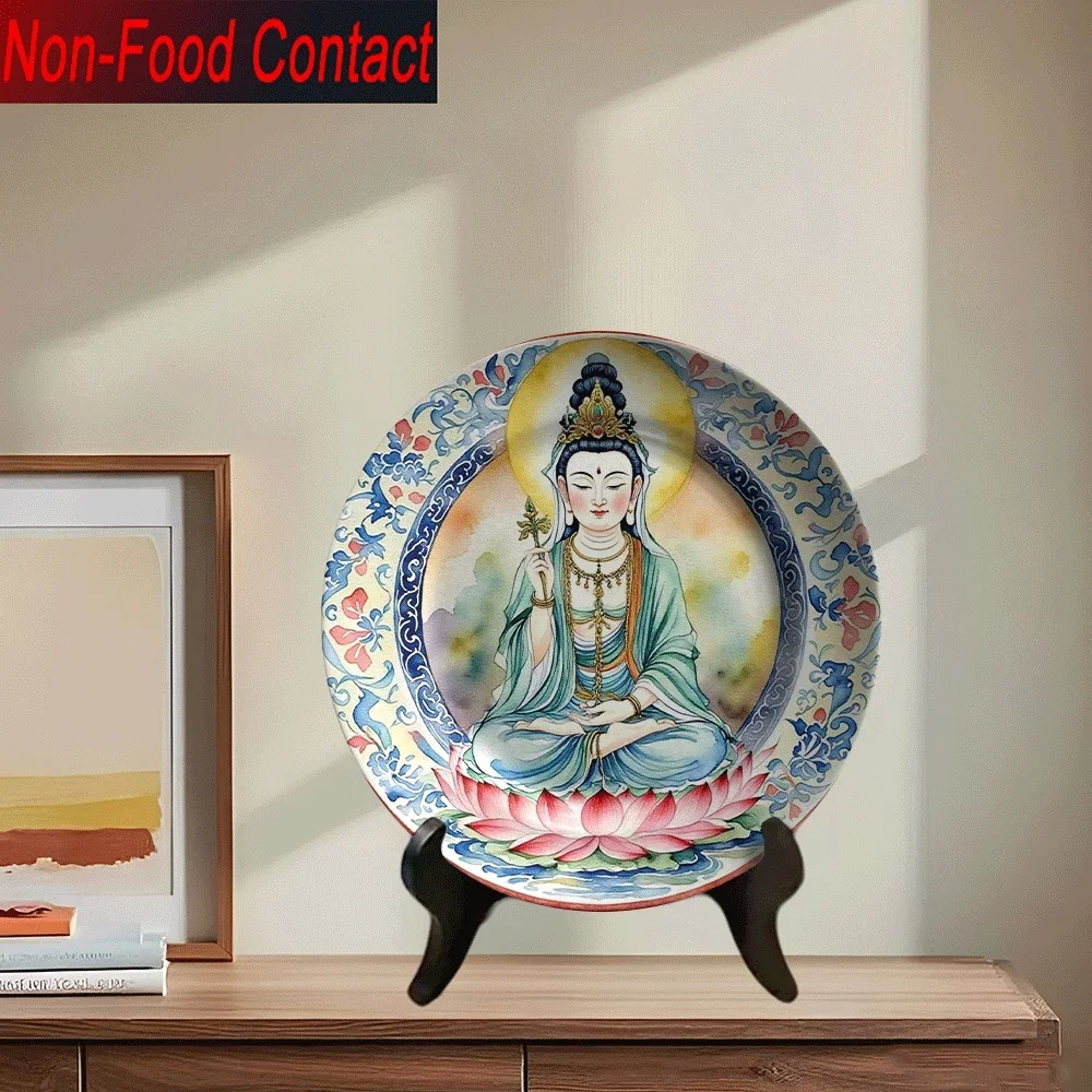 1pc Large Round Ceramic Decorative Plate - Elegant Floral & Mandala Design with Golden Accents, Non-Food Contact Surface,