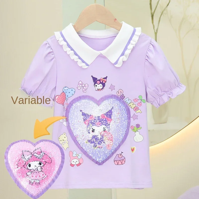 Anime Sanrio Kuromi My Melody Kids Cartoon Short Sleeve Kawaii Girl Cotton T-Shirt Cartoon Variable Color Half Sleeve Tops