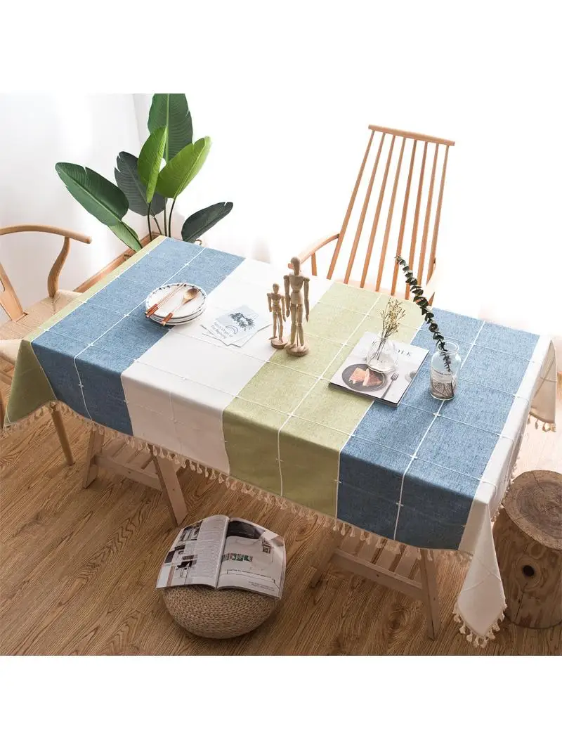 Rectangular Dining Tablecloth Cotton Linen Gauze Home Hotel Tea Table Dining Table Mat Checkered Stripe Simple Color Matching