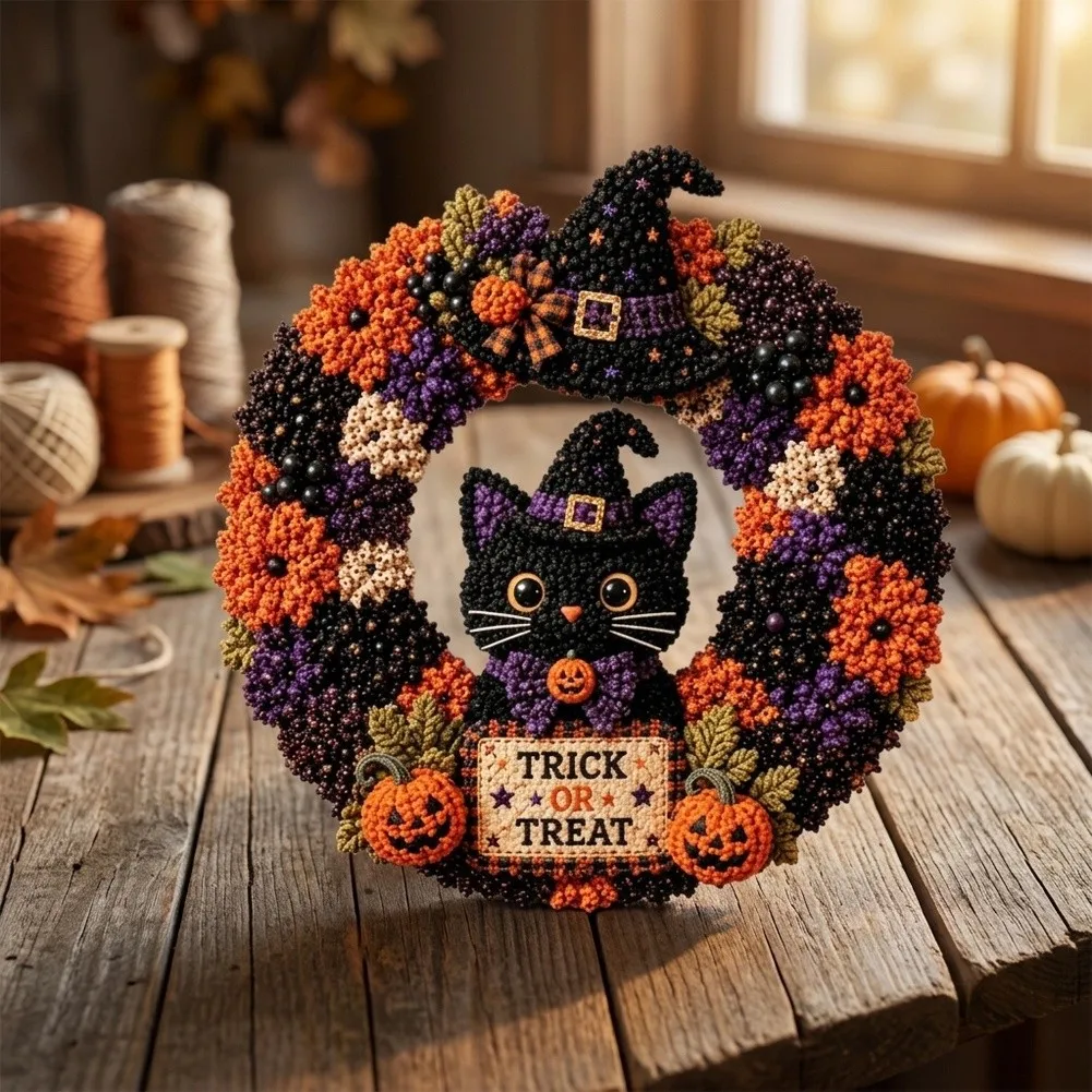 Halloween Wreath Crafting Kit with Fabric Stickers and Patchwork Quilting Materials for Festive Season Projects
