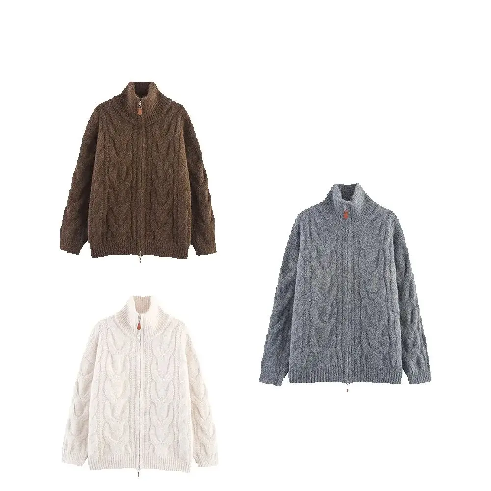 

New women's high neck Fried Dough Twists double start zipper knitted cardigan sweater