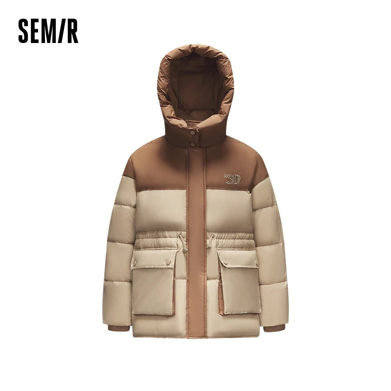 Semir Down Jacket Women Mid-Length Loose Waist-Adjusting Clothes Trendy Winter Contrasting Color Spliced Hooded Retro Style Coat