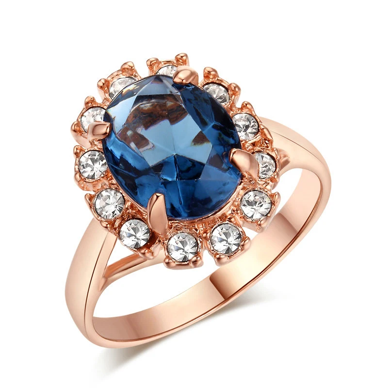 ZHOUYANG Blue Crystal Rings For Women Retro Korean Rose Gold Color Wedding Bride Jewelry Wholesale Girlfriend Gift R189