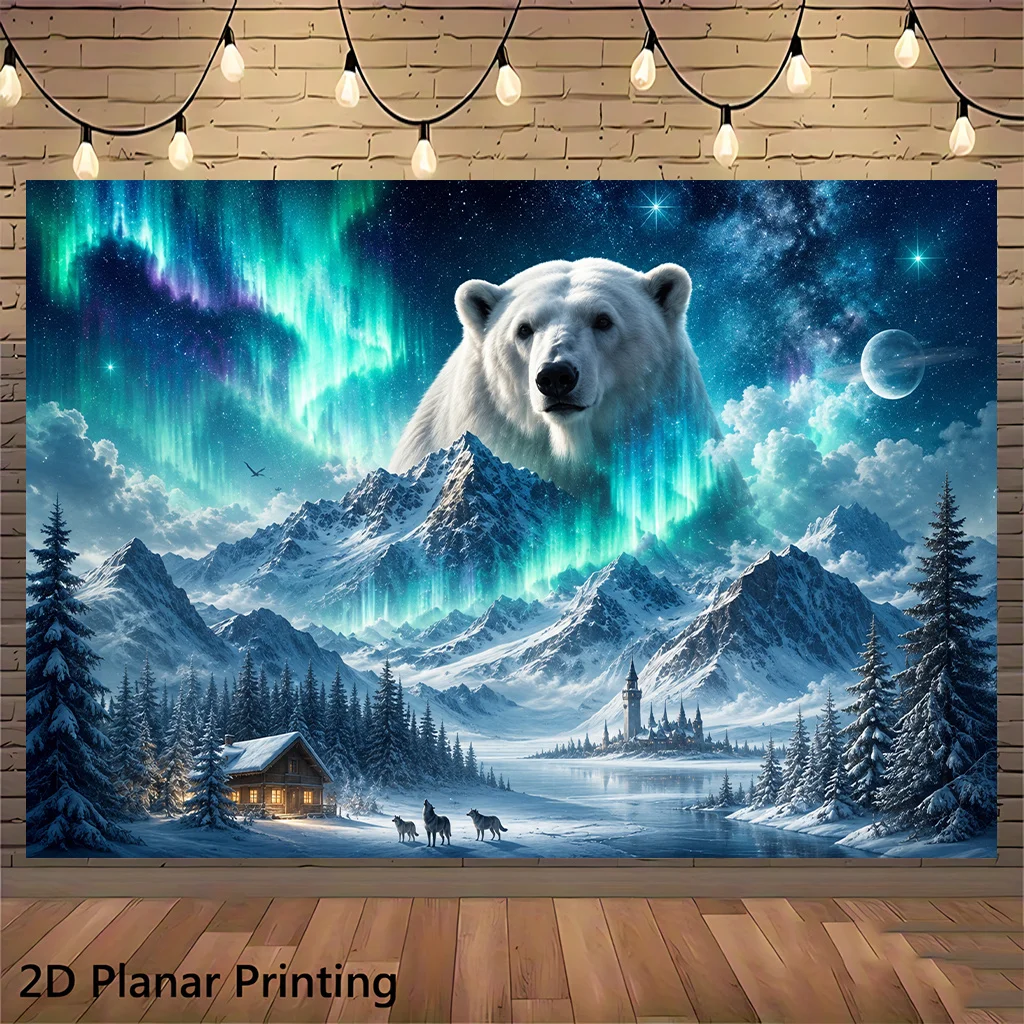 Large Canvas Wall Art Print Polar Bear Northern Lights Aurora Winter Landscape Cosmic Mountains Galactic Decor Home Tapestry Pos