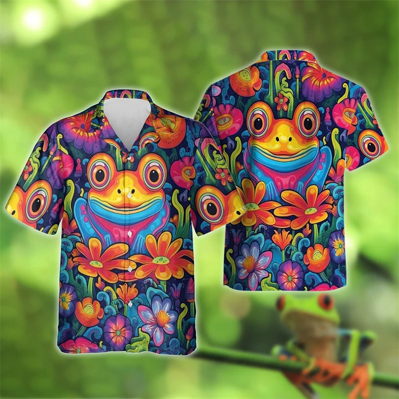 Floral Frog 3D Printed Shirts For Men Clothes Harajuku Fashion Hawaiian Flower Animal Graphic Beach Shirt Women Y2k Blouses Tops