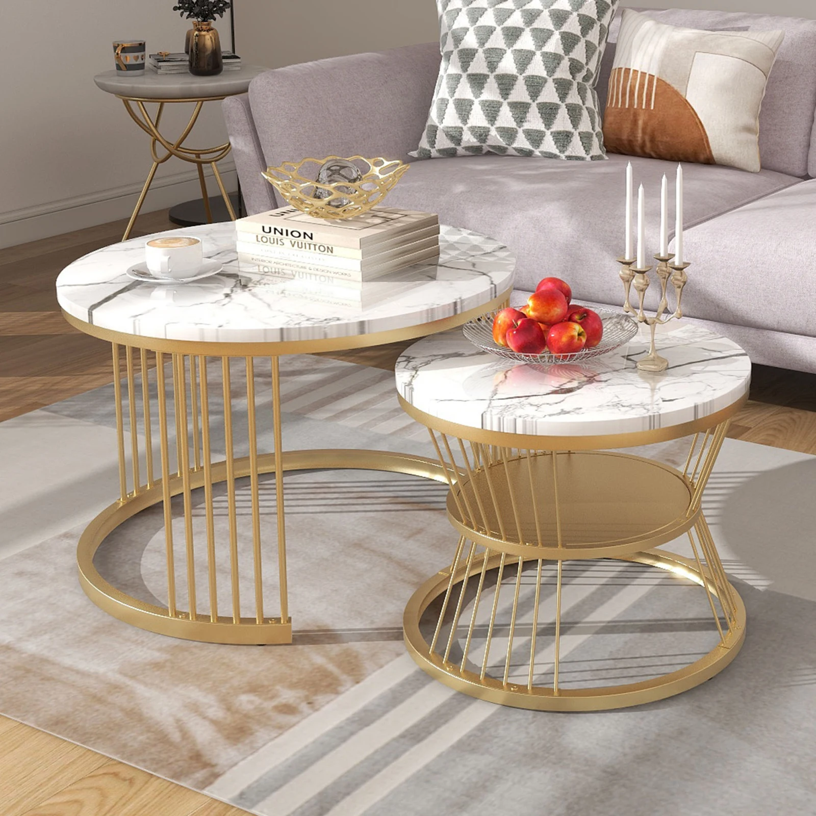 2PCS Modern nesting coffee table, coffee table set marble veneer sofa page nest from tables round endtables, golden color frame