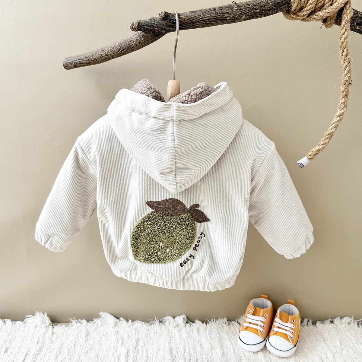 2024 Winter Baby Girls Clothes Thick Fleece Hoodie Infant Boys Baby Fruit Embroidery Tops Long Sleeves Children Cotton Jacket