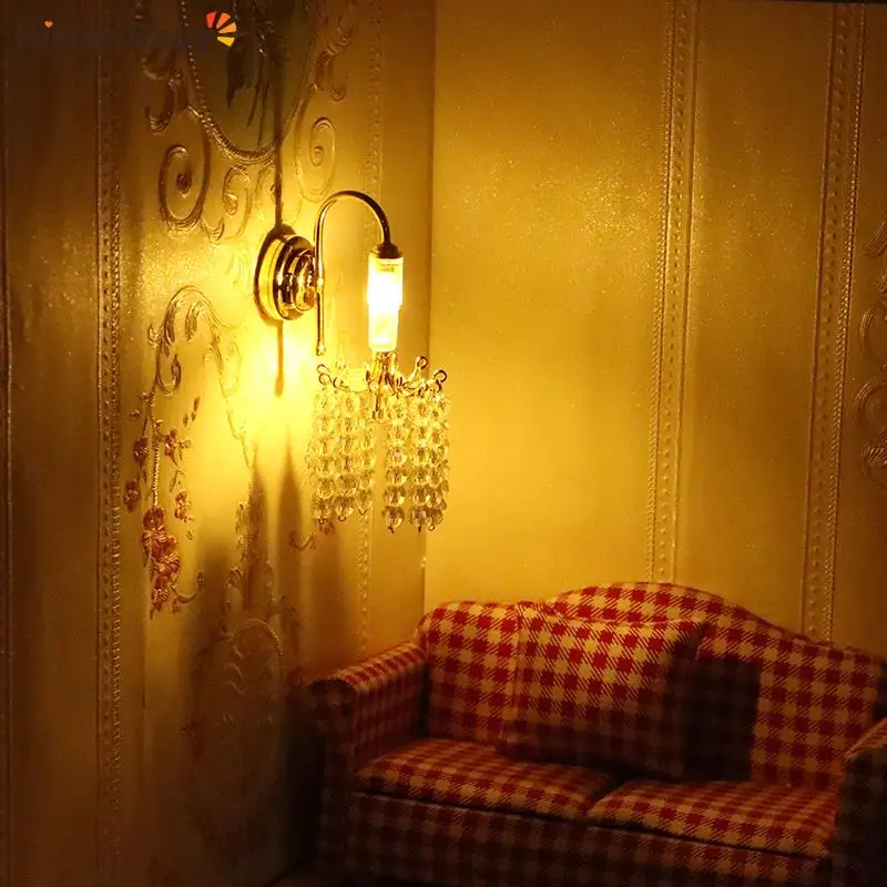 

1Pcs Dollhouse Miniature LED Light Gold Beaded Wall Lamp Home Lighting Model Furniture Decor Toy Doll House Bedroom Accessories