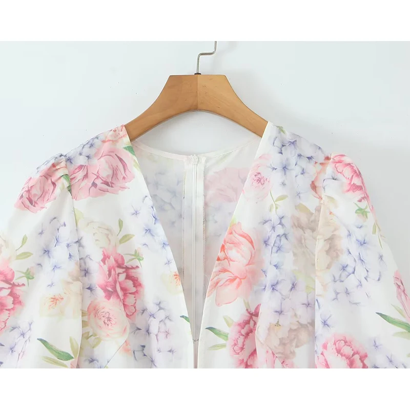 Sexy profundo decote em v lanterna manga em camadas plissado floral impressão vestido feminino elegante a linha mini vestidos senhora férias festa robe