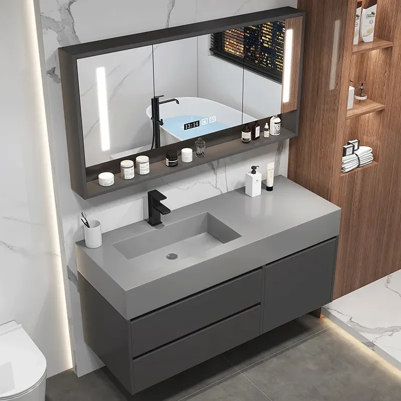 Wall Mounted Shower Cabinet Luxury Wood Bathroom Vanity Cabinet Set Led Mirror With Integrated Cabinet Basin