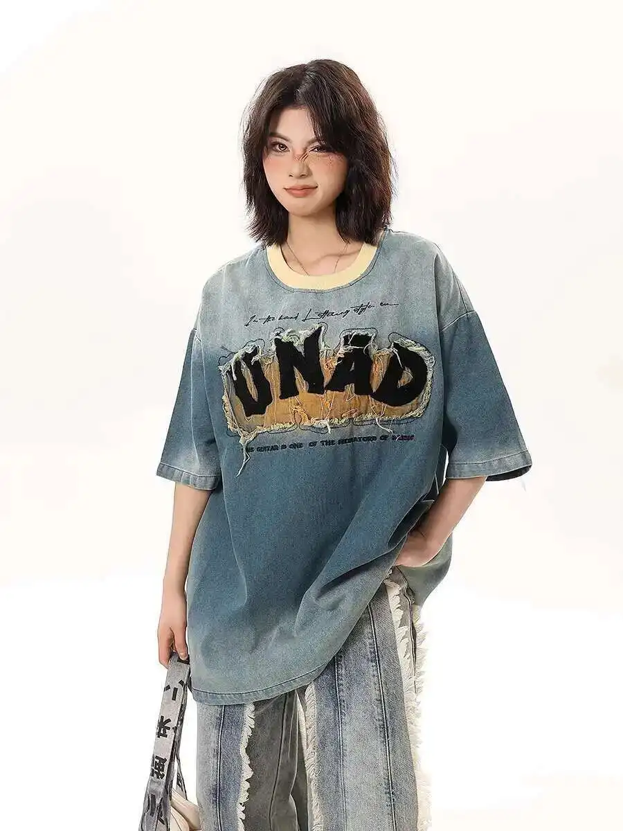 

MAN WOMEN T-shirt High Street Half Sleeved Denim Top Versatile Loose American Round Neck Short Sleeved T-shirt For Women's