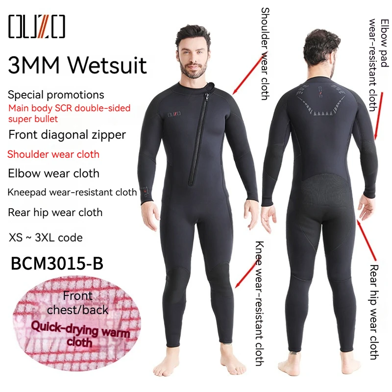 Ouzo 3mm Long-Sleeved One-Piece Diving Suit Men And Women Thickened Warm Diving Surfing Suit Winter Swimming Snorkeling Suit