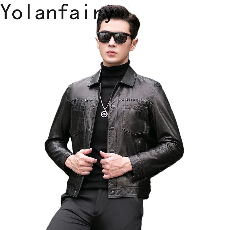 YOLANFARIY Mens Leather Jacket Real Goat Skin Men Clothing Short Style Spring Autumn Coats Business Casual Tops Кожаная Куртка