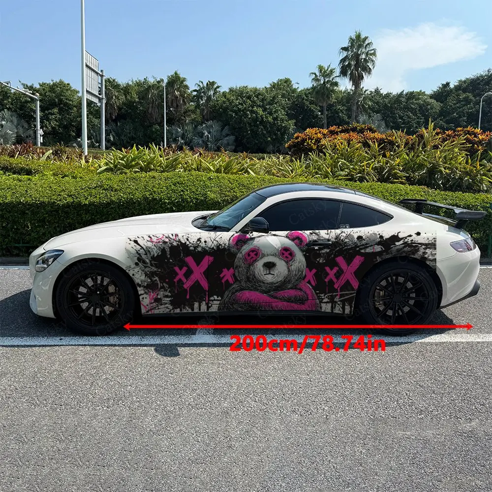 2pcs Hip-Hop Panda Pink Ink Splash Car Side Wraps, Self-Adhesive PVC Waterproof & Scratch-Resistant Stickers, Car Accessory Gift