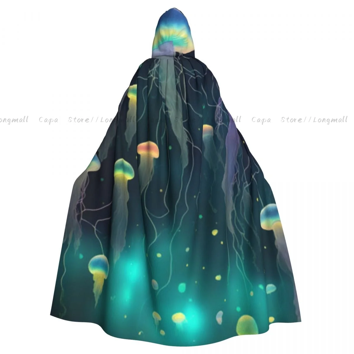 Neon Colorful Jellyfish Cloak Hooded Cosplay Costume Halloween Adult Long Party Cape