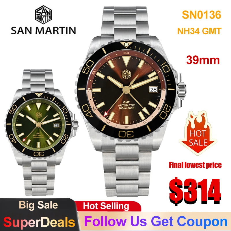 San Martin SN0136 GMT Watch NH34 Automatic Mechanical Sapphire Luminous Luxury Watch Stainless Steel 200m Waterproof Dive Watch