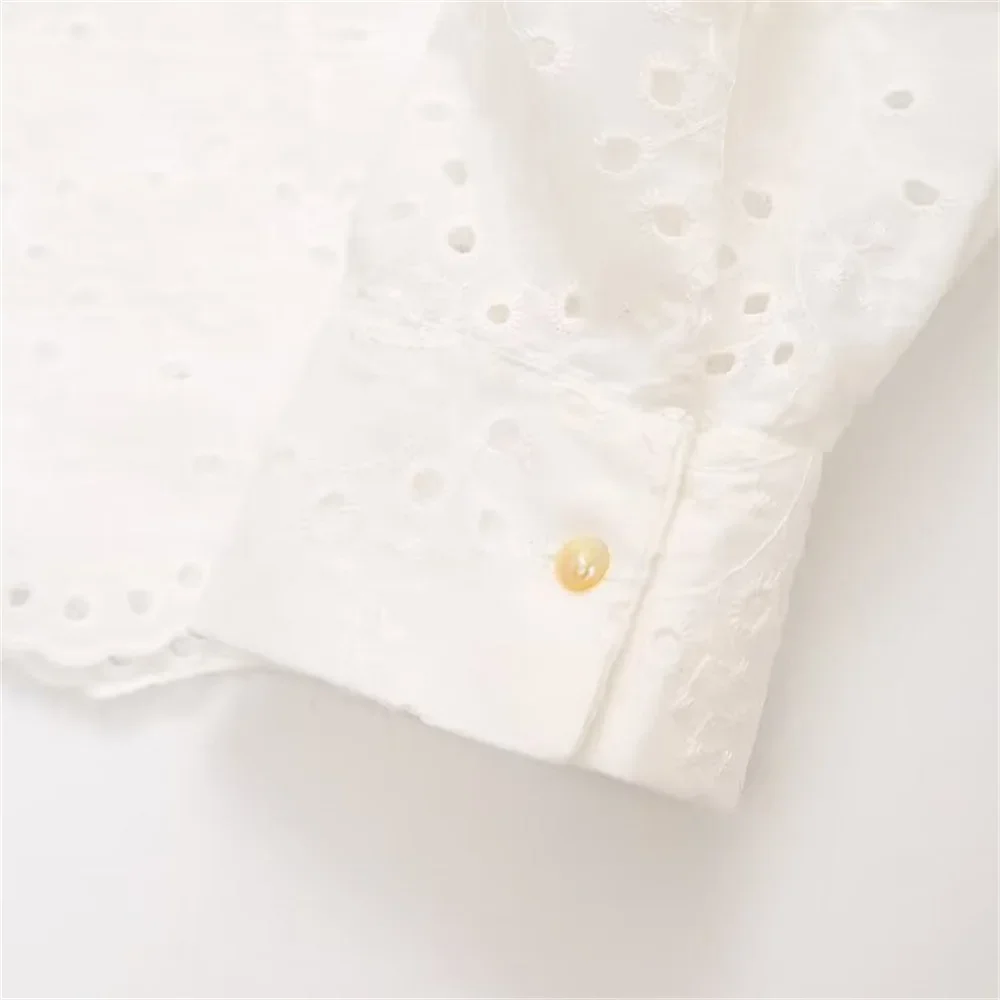 LIBIELIY 2025 Summer New Women's French White Long Sleeved Lapel Wave Edge Top Hollow Embroidered Short Shirt