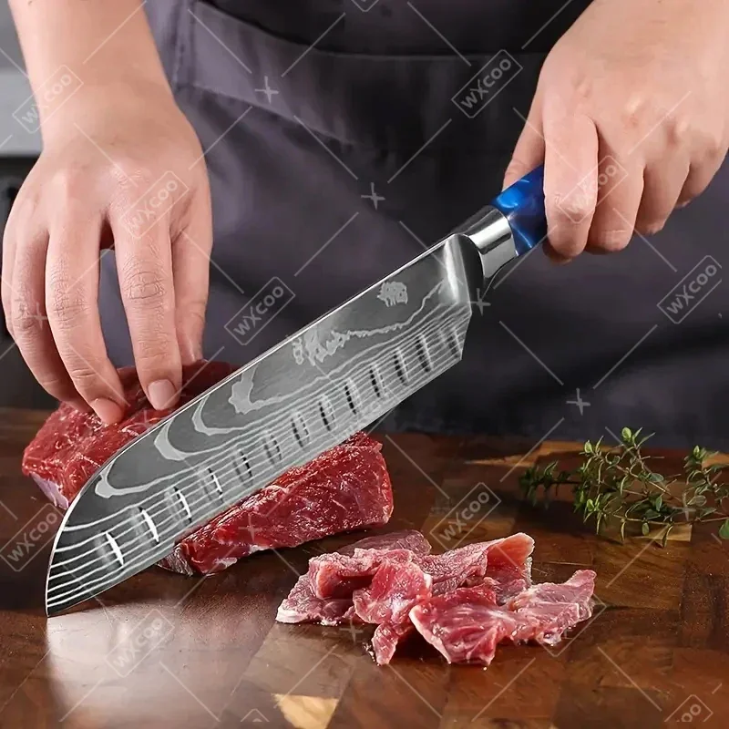 WXCOO 1~9pcs Professional Knife Set Kitchen Knife Japanese Santoku Cooking Chef Meat Cutting Chicken Bone Damascus Scissor