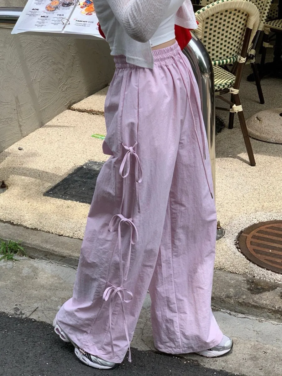 

Свободные прямые повседневные брюки для женщин с боковым узлом, винтажные, с завязками, с высокой талией, длинные, модные