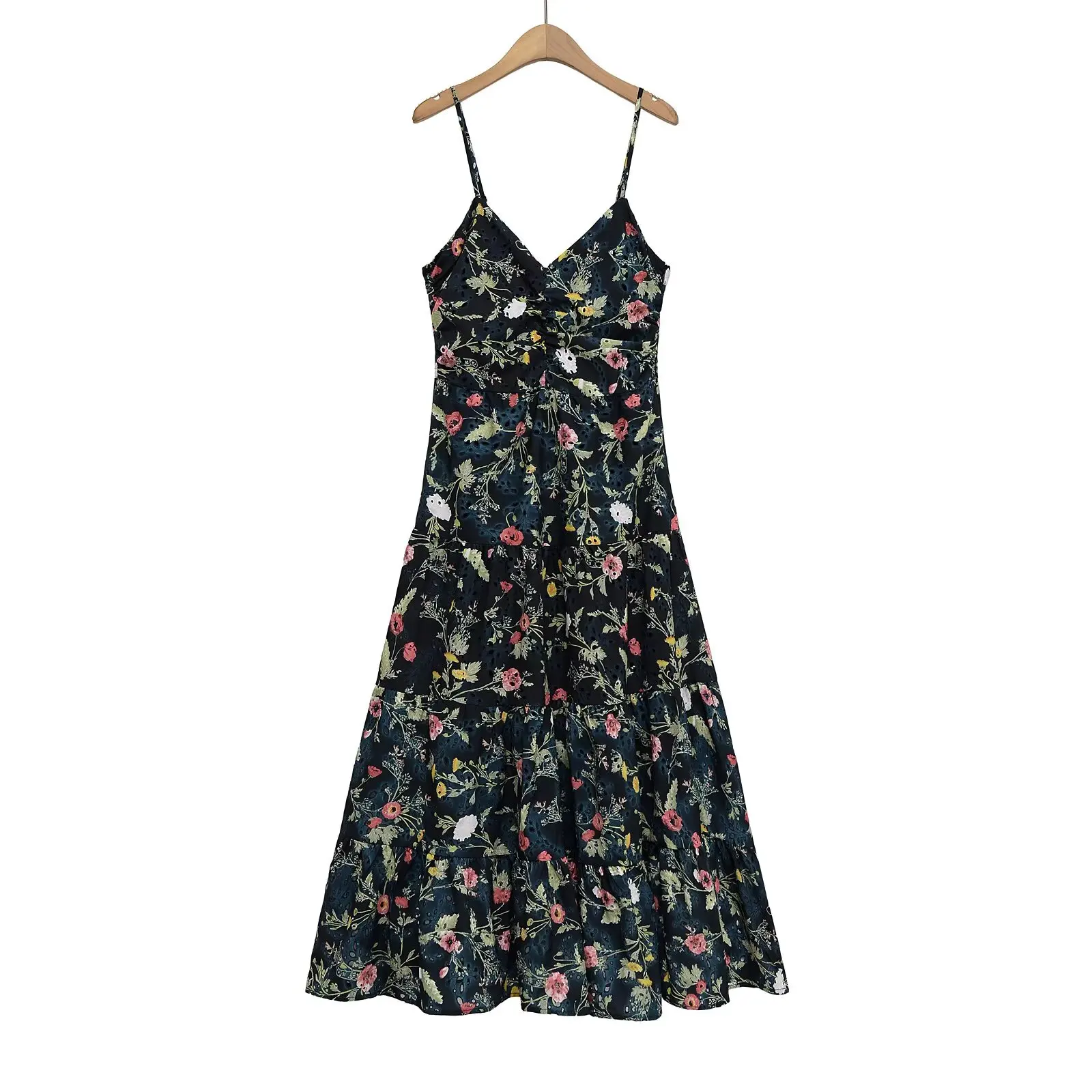 

BM&MD&ZA Womens Elegant Sexy Sleeveless Spaghetti Strap Mid Length Printed Dress with Embroidery and Cut - Out Decorations