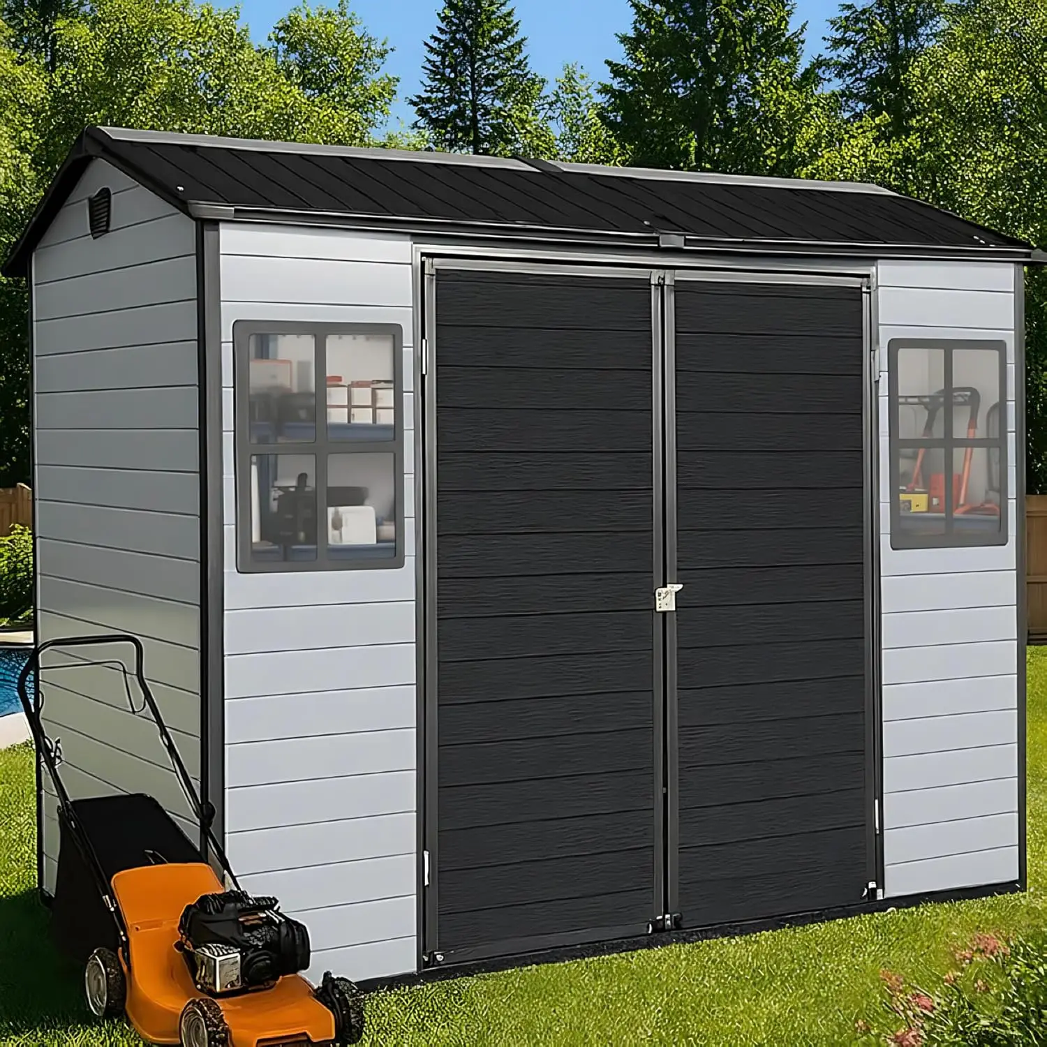 

8x4ft Outdoor Storage Shed with Floor & 2 Windows Plastic Garden Tool Patio Bike Lawn Mower Black Grey, Customized
