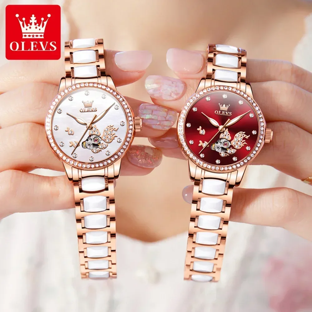 

OLEVS Women's Watch Automatic Movement Woman Watch Stainless Steel Waterproof Luminous Watch for Women Skeleton Dial Wrist Watch