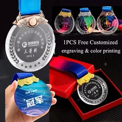 Color Printing or Laser Engraving Clear Crystal Glass Medals 1st 2nd 3rd Award Gift Box Packagin 1pcs Free Design and Make Logo