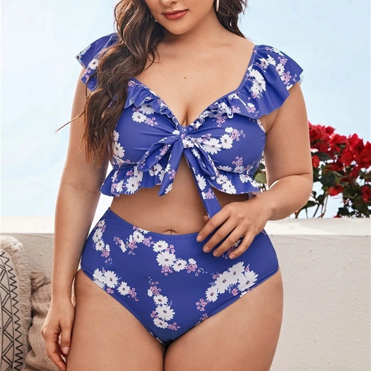 2022 Women Bikinis Set Swimwear Plus Size High Waist Floral Swimsuit Larges Big Plussize Swimming Suits Bathing Beachwear New