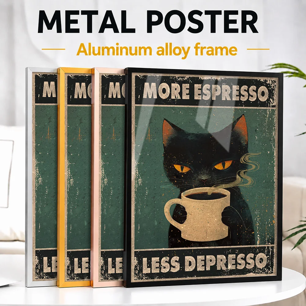 More Espresso, Less Depresso Framed Metal Poster Personalized Photo Quirky Kitchen Style Wall Art For Cafe Ideal Birthday Gift