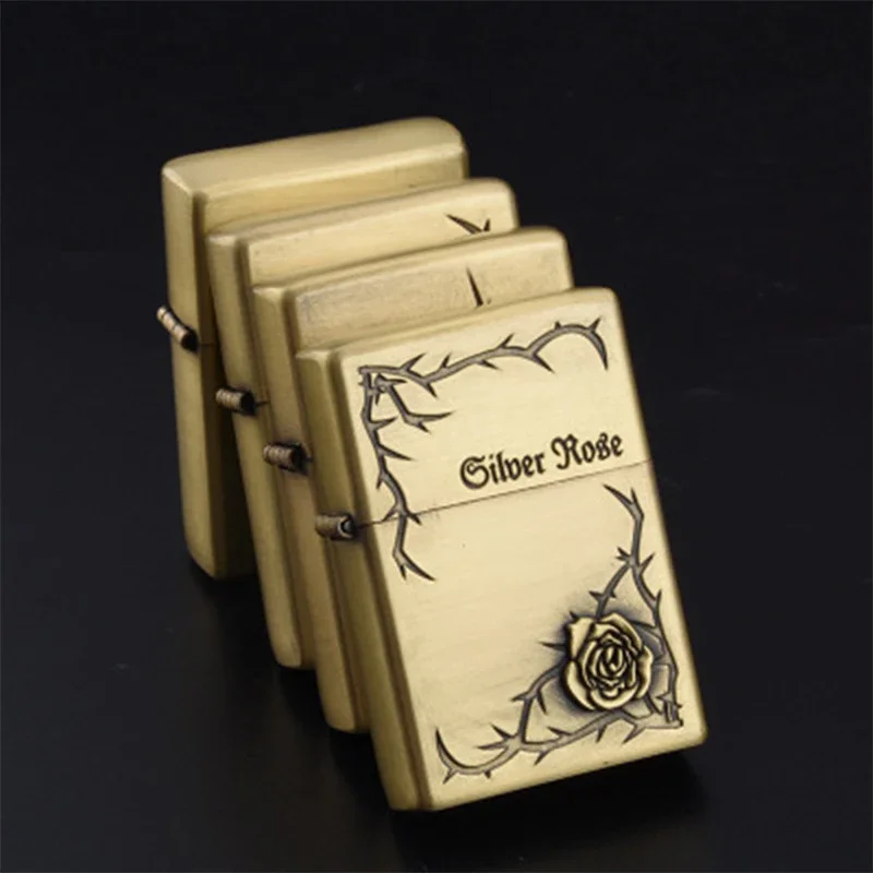 2027 Creative Retro Bronze Kerosine Lighter, Rose Vintage Grinding Wheel Open Flame Oil Lighter Men's Cigarette Accessories