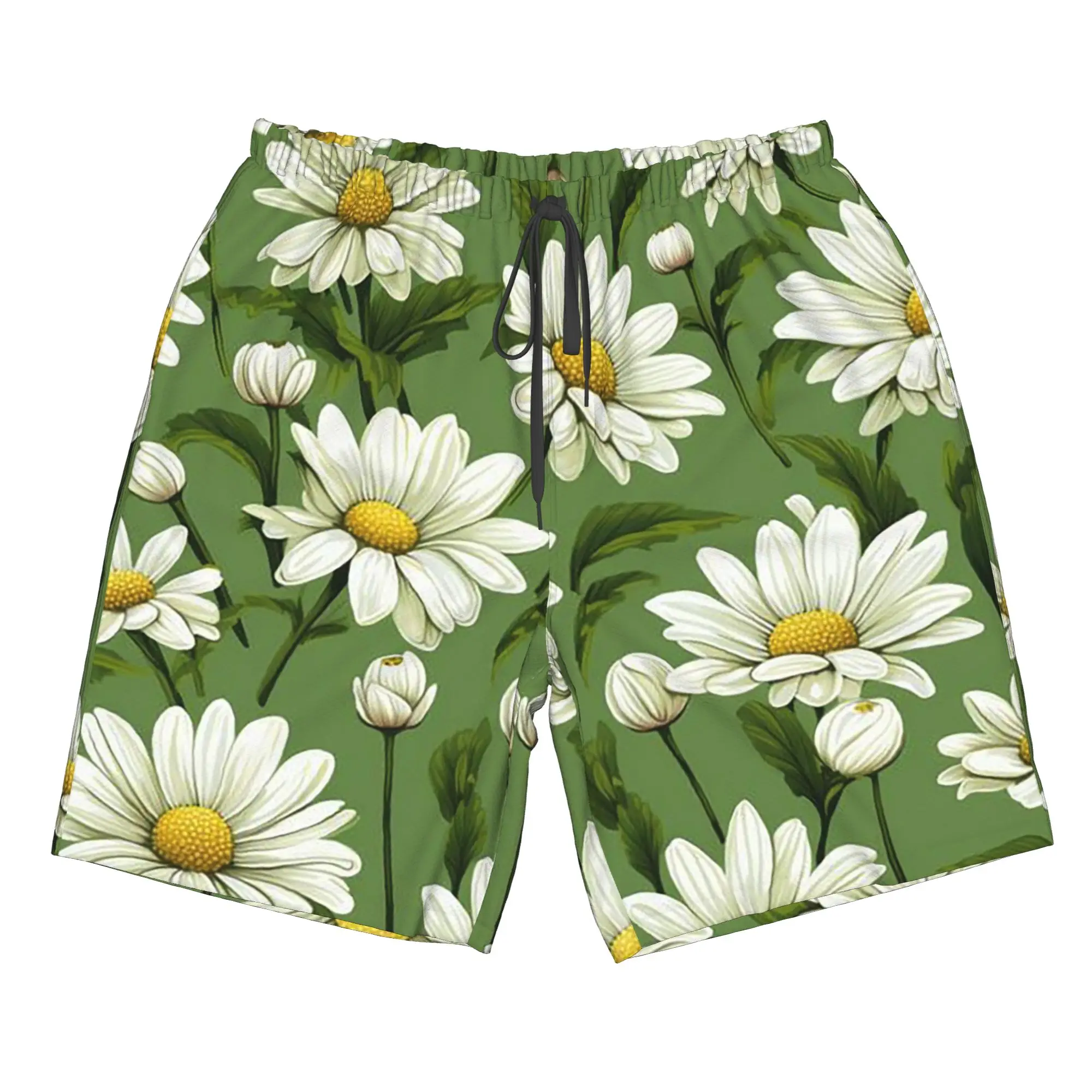 Macaron Colour Green Daisy Pattern Trunks Beach Board Shorts Casual Quick Dry Swim Summer Men Pants