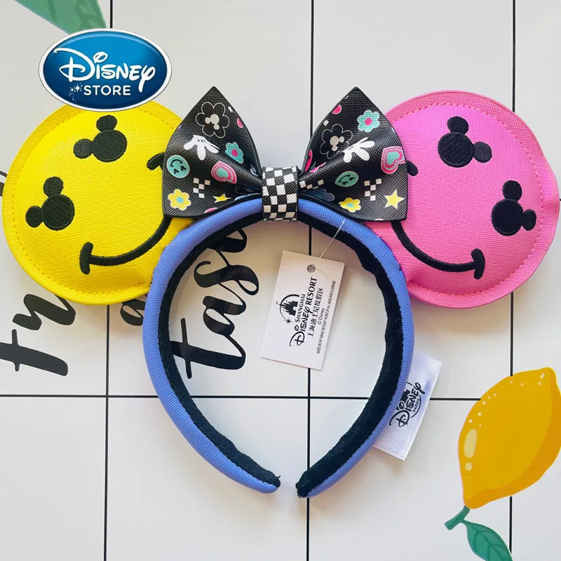 2024 New Disney Mickey Ear Embroidered Smiling Face Leather Headband Disneyland Hair Band Minnie Mouse Hair Accessories Bag