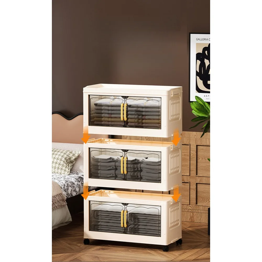 Armario de almacenamiento plegable de 4 niveles, 55 cm de ancho, armario de plástico apilable con ruedas y puertas transparentes. Organizador plegable y versátil, cajón para colocar junto a la cama, ideal para guardar ropa, juguetes, en el dormitorio, la sala de estar o la habitación de un estudiante.