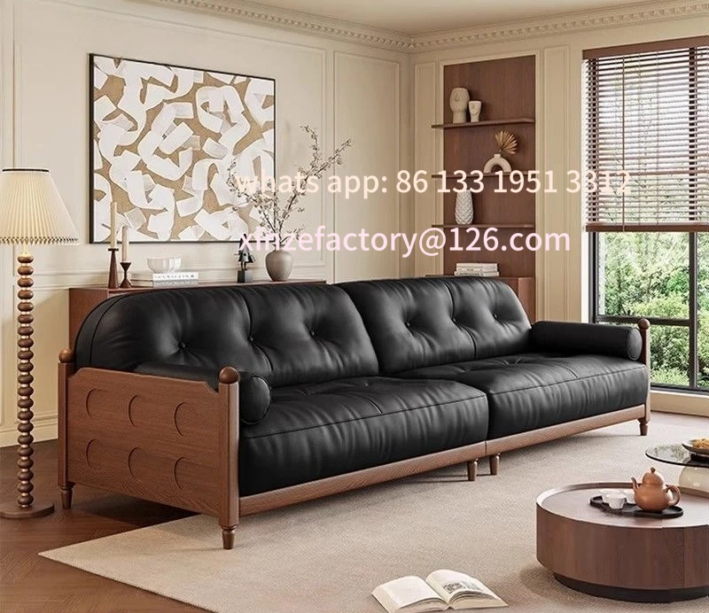 

Customizable leather sofa Italian living room modern simple retro size apartment three straight row black walnut solid wood sofa