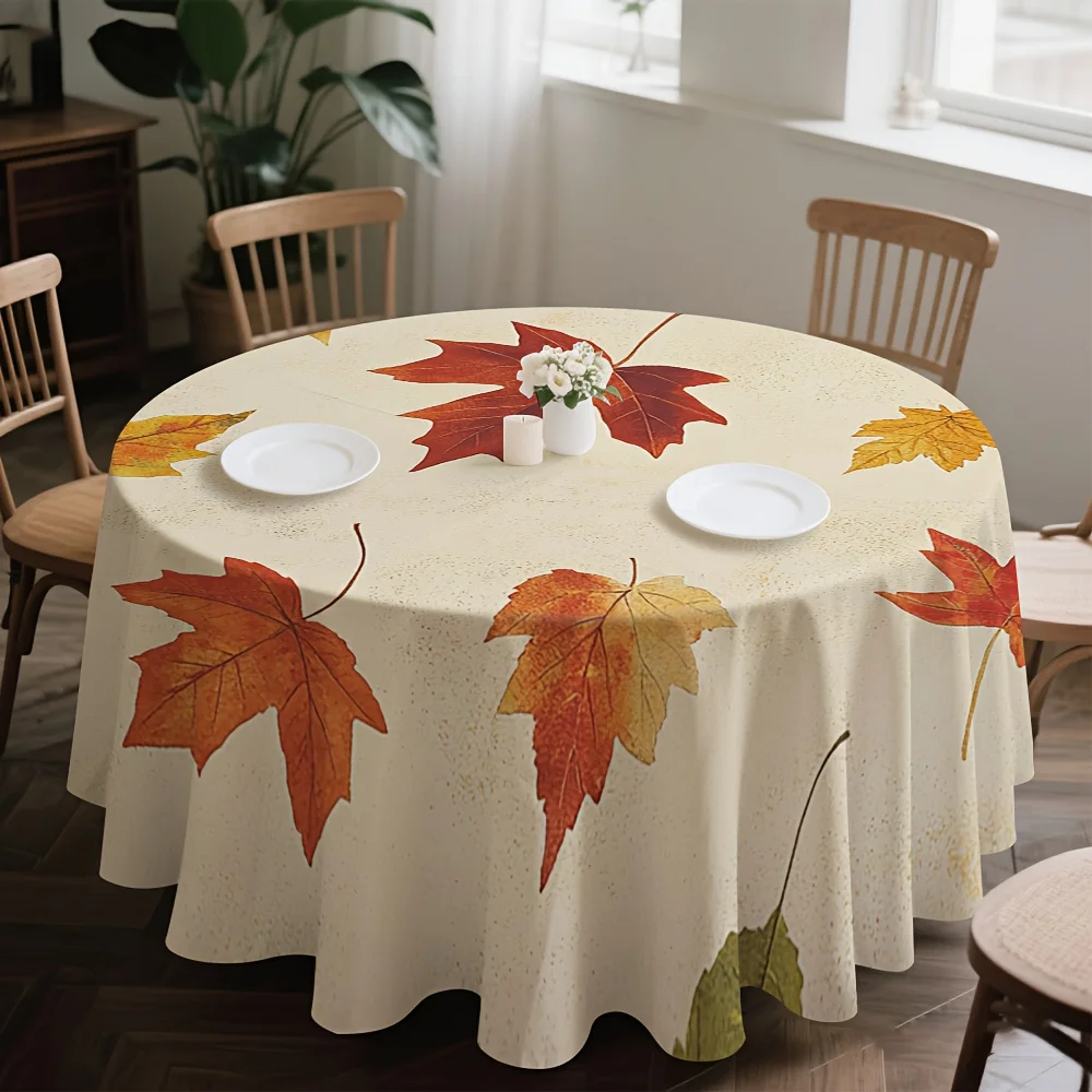 A circular tablecloth design with fallen autumn leaves, suitable for decoration in kitchens and dining rooms.zyc