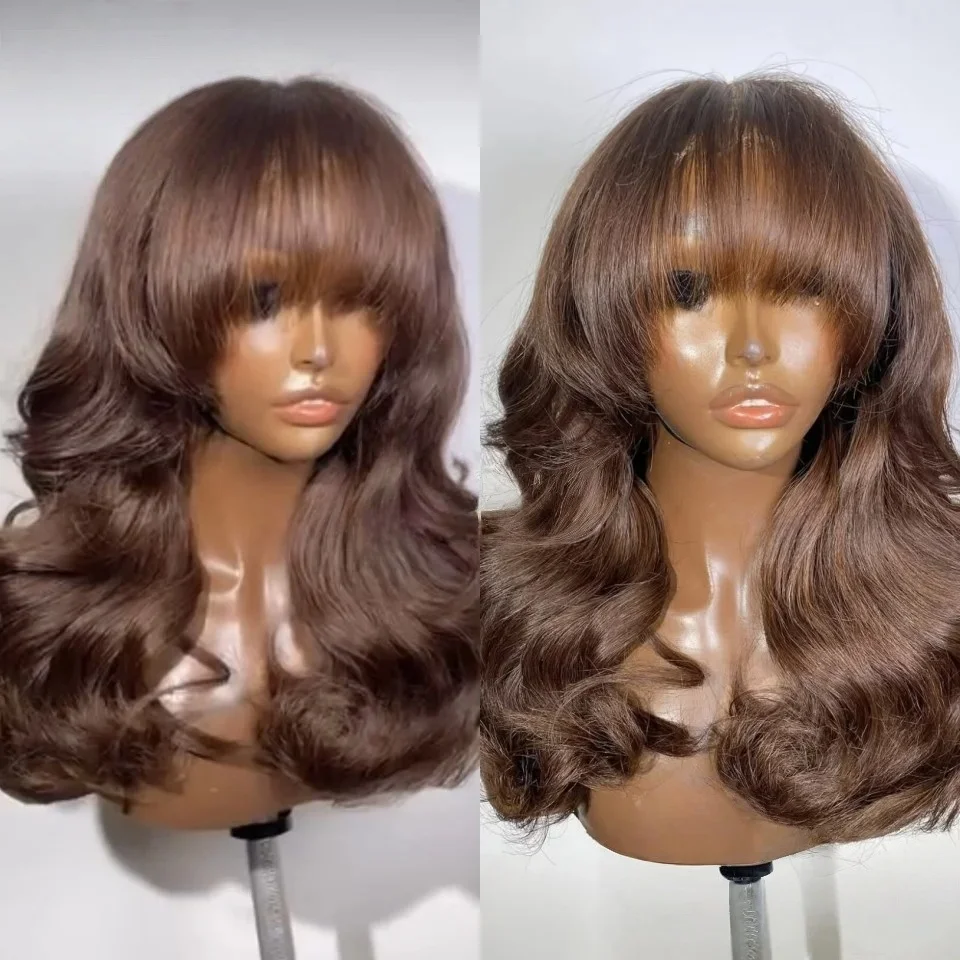 

Chocolate Brown Wig Long Body Wave Lace Front Wig With Bangs 13X4 HD Glueless Pre Plucked Synthetic Lace Frontal Wig Daily Wear